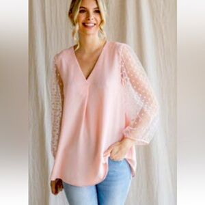 Jodifl V-Neck Blouse Sheer Polka Dot Sleeve Flowy Top Casual Dressy Women’s S